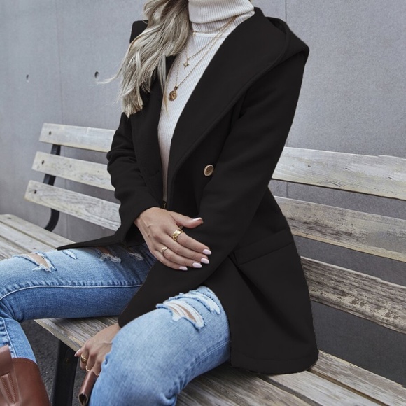 Grey hoodie Button Pea Coat Jacket Minimalist - Picture 3 of 11